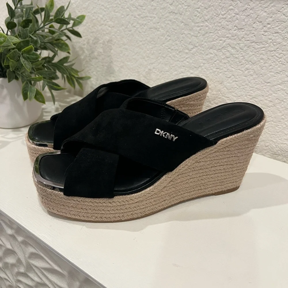 DKNY Black Suede Crisscross Espadrille Wedge Sandals
